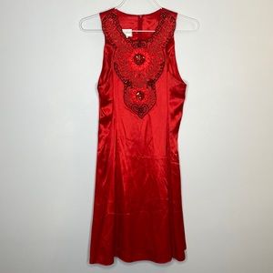 GUNNE SAX VINTAGE Jessica McClintock red satiny mini dress with beaded appliqué